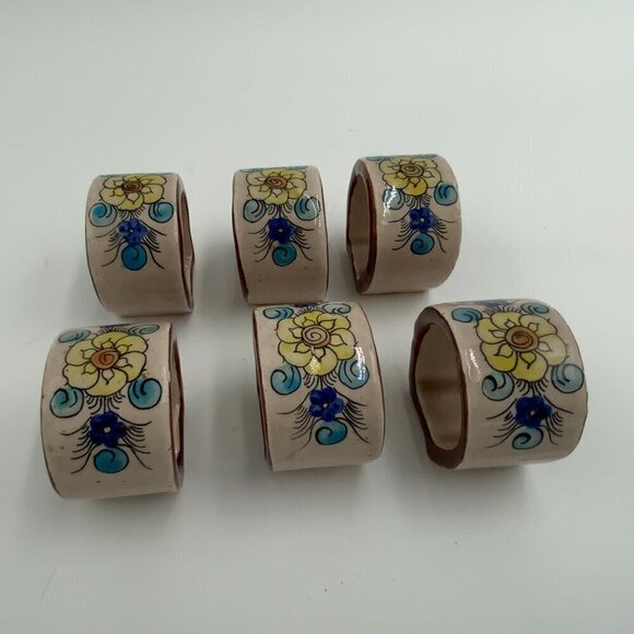 Tonala Other - Set of 6 Vintage Signed Tonala Mexico Ceramic Napkin Rings Floral Hand Painted